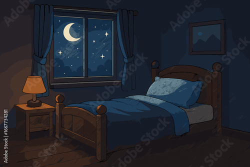 Cozy bedroom interior at night for restful sleep. Bed by the window with a view of the moon and stars. Peaceful and serene concept of slumber, dreams, comfort and rest.