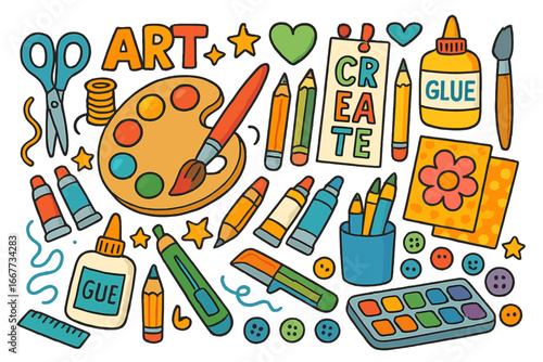 Art and craft supplies doodle set. Creative hobby tools collection. School education equipment with paint, brush, scissors, pencil. Hand drawn vector cartoon illustration.