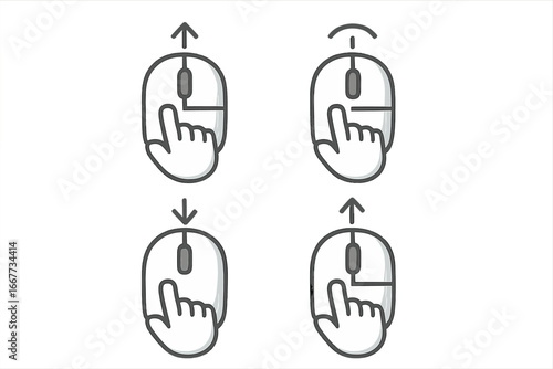 Mouse scroll and click icon set. Hand cursor symbol for web navigation and user interface design. Scroll up, down, and click action gestures. Computer mouse usage pictogram.