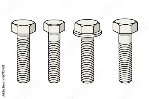 Hex bolts and screws set. Fastener and hardware collection. Industrial toolkit for construction and repair. Metal threaded bolt variety. Vector cartoon isolated illustration.
