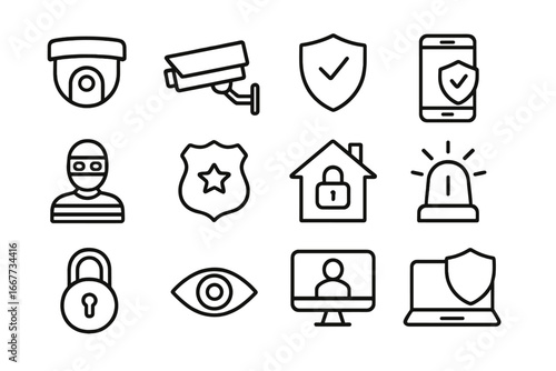 Security and monitoring line icon set. Surveillance, protection and safety symbols. Vector collection of CCTV camera, police badge, thief, home alarm, and cybersecurity icons.