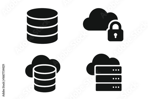 Database and cloud computing solid icon set. Secure data storage, server hosting, and network protection glyphs. Vector illustration for technology and web services concepts.