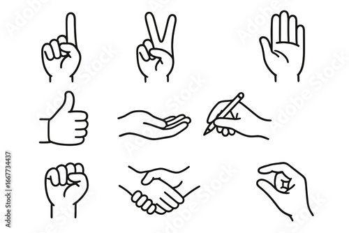 Hand gestures line icon set. Vector minimal illustration of human hands showing different signs: thumb up, victory, stop, pointing, writing, giving, handshake, fist, pinch.