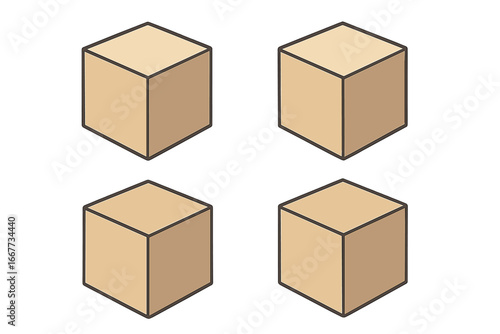Set of four isometric cardboard boxes or cubes. 3D geometric shapes collection. Minimalist vector illustration for logistics, shipping, or packaging concepts. Simple block icons.