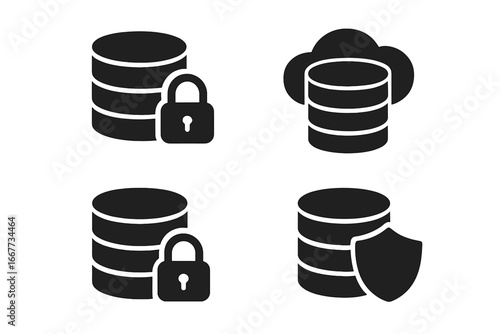 Database security solid icon set. Cloud data storage, server protection, and secure access symbols. Vector glyph pictogram collection for network and information safety.