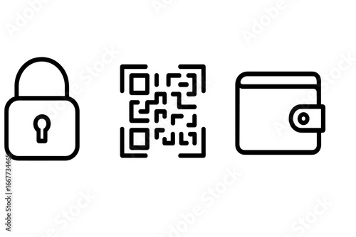 Security and payment linear icon set. Secure transaction, finance and safety concept. Padlock for protection, QR code for scanning, and a wallet for mobile online payment.