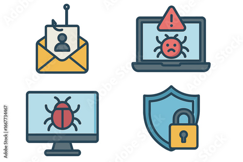 Cyber security icon set. Phishing email scam, malware virus attack on laptop computer. Data protection shield lock. Internet safety, network defense vector illustration.