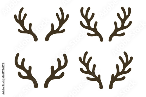 Reindeer antlers vector set for Christmas design. Xmas holiday festive decoration elements. Deer horn silhouette icon collection for greeting cards, invitations, and posters.
