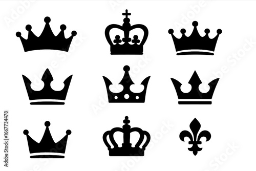 Crown silhouette icon set. Royal majesty symbols collection. King, queen, prince logo elements. Heraldic and monarchy signs. Vector graphic of crowns and fleur de lis.