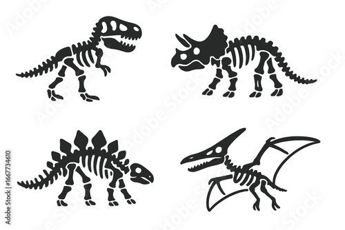 Dinosaur fossil silhouette icon set. Prehistoric skeleton collection with T-rex, triceratops, stegosaurus, pterodactyl. Paleontology vector. Jurassic animal bones.