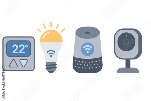 Smart home devices vector icon set. Internet of Things concept. Features temperature control thermostat, smart light bulb, security camera, voice assistant. Home automation system.