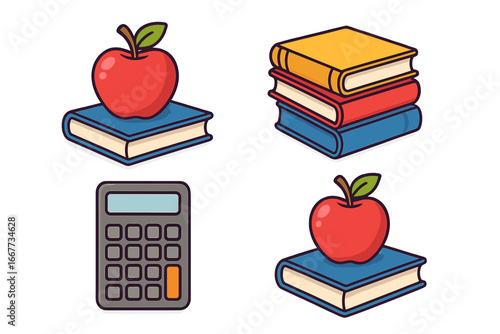Set of educational icons for school and learning. Apple on book, stack of books, and calculator symbols. Vector illustration for knowledge, study, back to school concepts.