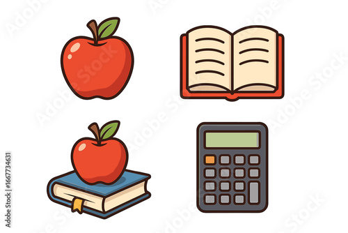 School and education icon set. Apple for teacher, book for reading, calculator for math. Knowledge, study, and learning symbols. Back to school vector cartoon illustration.