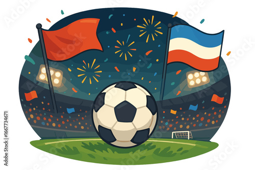 Soccer stadium with ball and flags celebrating a championship match. Vector cartoon illustration of a football arena at night with fireworks, confetti, and a cheering crowd.