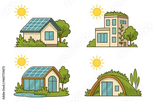 Green building concept. Eco house collection with solar panels. Sustainable architecture, renewable energy. Earthship, modern house with green roof. Vector cartoon icons set.