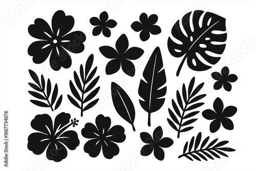 Set of tropical flower and leaf silhouettes. Black vector graphic icons of exotic plants like monstera, palm, hibiscus, and plumeria. Jungle floral design elements collection.