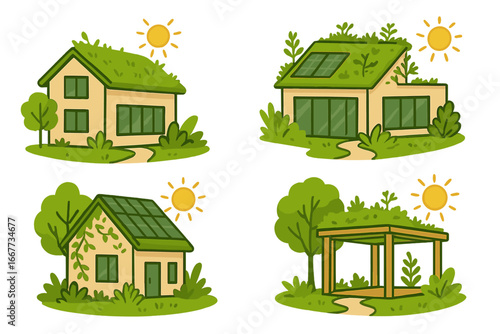 Eco friendly house concept set. Green architecture with solar panels and living roof. Sustainable building. Natural elements and renewable energy vector cartoon illustration.