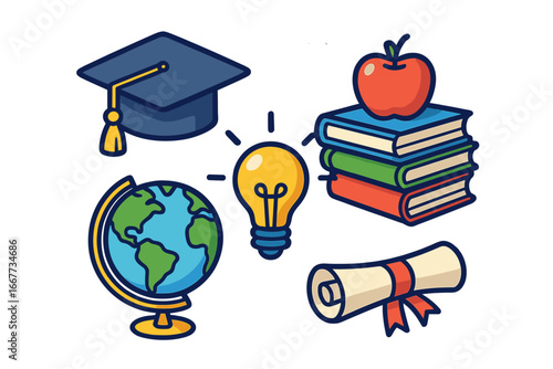Vector education icon set. School and university learning symbols. Graduation cap, books, diploma scroll, globe, idea lightbulb. Academic achievement and knowledge concept.