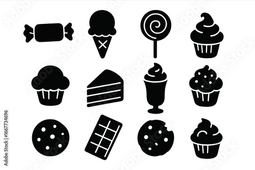 Sweet food glyph icon set. Dessert silhouette collection with cake, cupcake, candy, lollipop, ice cream, cookie, chocolate bar. Vector sweets for pastry shop menu design.