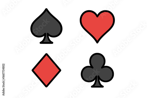 Set of playing card suit symbols. Vector icons for poker, casino, and gambling games. Heart, spade, diamond, and club shapes isolated on a white background. Cartoon style.