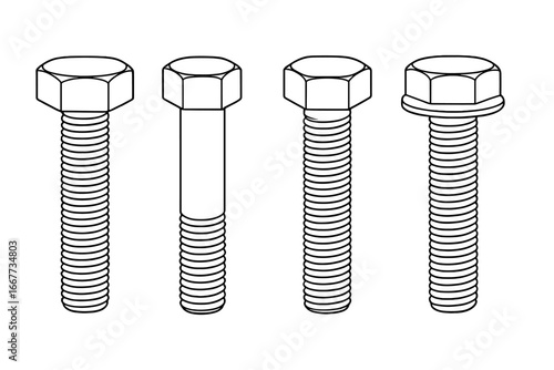 Hex bolt set vector line art. Industrial hardware fastener. Screw assortment. Fully threaded. Partially threaded. Flange bolt. Engineering icon. Construction equipment.