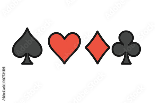 Set of playing card suits symbols. Spade, heart, diamond, club icons. Vector illustration for casino, poker, gambling or tabletop games. Black and red graphic elements.