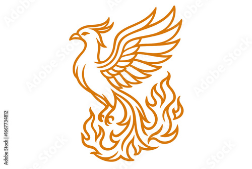 Phoenix bird rising from ashes and flames. Symbol of rebirth, transformation, immortality. Mythical firebird logo icon. Elegant vector illustration for tattoo or emblem design.