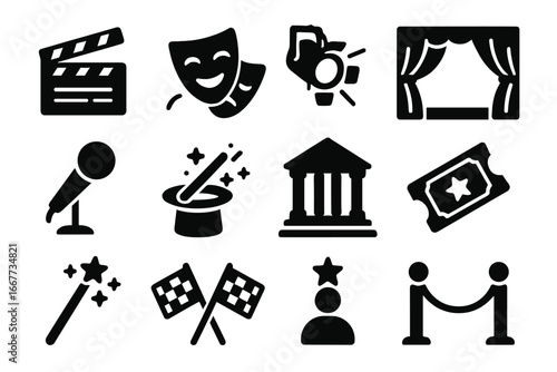 Entertainment and theater solid icon set. Performance, show, and backstage glyphs. Vector collection with clapperboard, masks, stage, ticket, and microphone icons.