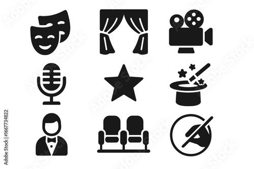 Entertainment and theater solid icon set. Performance, backstage, show, and cinema vector collection. Features comedy tragedy masks, stage curtain, movie camera, and microphone.