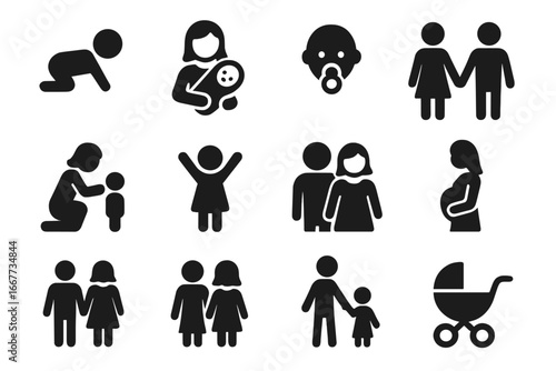 Family and parenting solid icon set. Mother, father and child relationship glyphs. Pregnancy, newborn baby, couple and childhood stages vector cartoon pictograms.