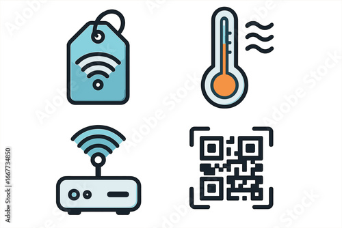Technology icon set with smart tag, thermometer, wifi router, QR code. Vector concepts for IoT, wireless connectivity, data scanning, smart home automation, network monitoring.