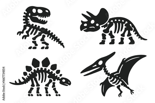 Dinosaur fossil silhouette icon set. Prehistoric skeleton creatures. Jurassic period paleontology vector illustration. Cartoon T-rex, Triceratops, Stegosaurus, Pterodactyl.