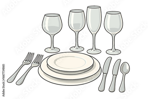 Elegant table setting for fine dining, restaurant, or wedding banquet. Formal dinner place setting with plates, glasses, and cutlery. Etiquette concept vector illustration.