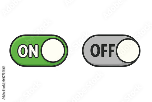 On and Off toggle switch buttons. Vector icons for user interface design. Power control sliders for web and mobile apps. Isolated cartoon illustration for activation concept.