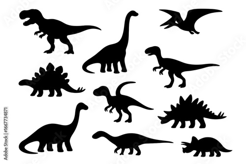 Dinosaur silhouette icon set. Prehistoric fossil & extinct creatures collection. Jurassic animal vector graphics. Dino monster shapes like t-rex, stegosaurus, triceratops.