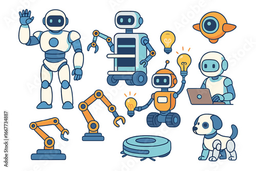 Robot and android character set. Cartoon vector illustration of artificial intelligence, future technology, automation. Collection of humanoid, robotic arm, drone and dog.