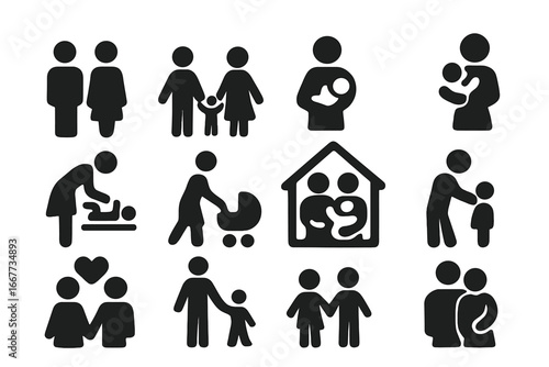 Family, parenting solid icon set. Household, relationship symbols collection. Vector pictogram of couple, mother, father, baby, child, home, stroller, and diverse LGBT family.