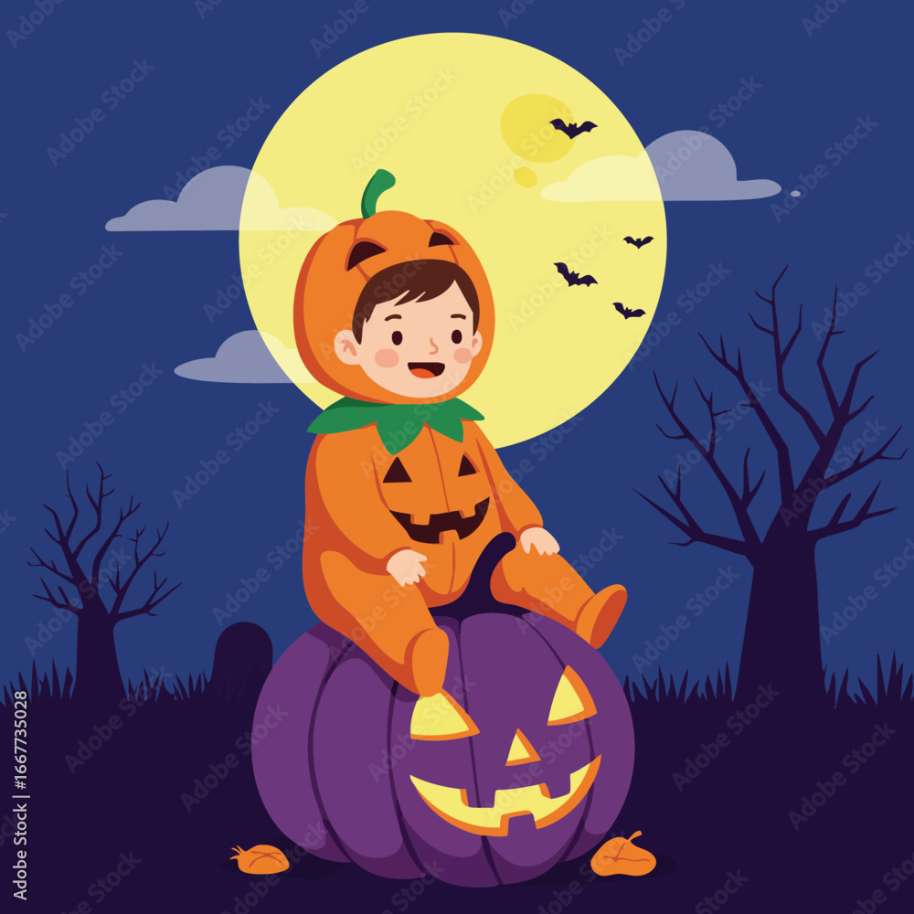 Fototapeta premium Child in pumpkin costume sitting on jack o lantern under full moon with bats and bare trees Halloween scene vector 