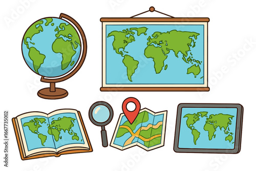 Geography education tool set. World map, globe, atlas, and gps pin for learning and exploration. Classroom supplies vector cartoon illustration. School lesson icons.
