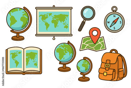 Geography education icon set. School lesson tools for learning and exploration. Globe, map, compass, backpack and magnifier for travel and discovery. Vector cartoon clipart.