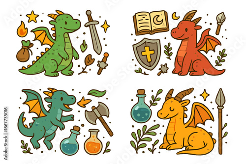 Set of cute cartoon dragon characters. Fantasy medieval RPG vector illustration pack. Mascot sticker collection with sword, shield, magic potion, spell book, axe and other elements.