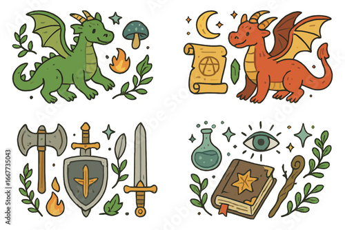 Cute dragon fantasy icon set. Medieval knight weapon and wizard magic element collection. Vector cartoon fairytale illustration with sword, shield, spellbook, and potion.