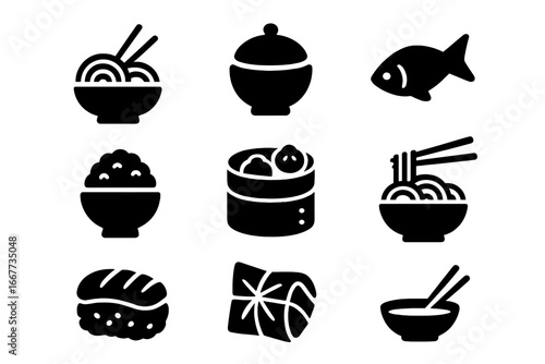 Asian food solid icon set. Vector glyphs of traditional cuisine. Includes ramen noodles, rice, sushi, fish, dim sum, and soup. Chinese & Japanese restaurant menu elements.