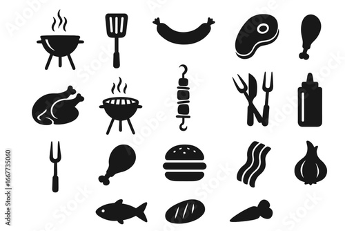 Barbecue and grill food icon set. Silhouette collection of cooking and meat symbols like steak, chicken, sausage, burger and fish. Vector elements for outdoor picnic menu.