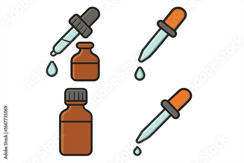 Pipette and tincture bottle icon set. Dropper with liquid drop of oil, serum or medicine. Vector illustration for cosmetics, aromatherapy, homeopathic remedy, CBD product.