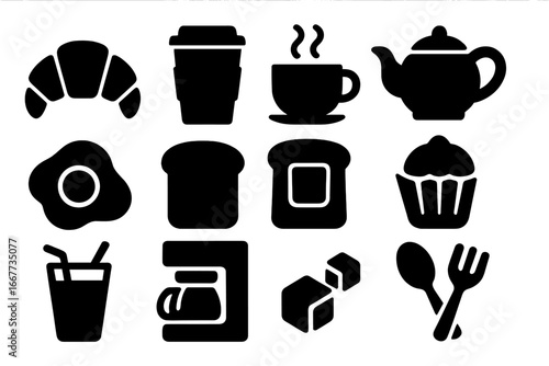 Vector icon set of breakfast food and drinks in silhouette style. Coffee shop essentials like croissant, toast, egg, cupcake, coffee maker for restaurant menu or app design.
