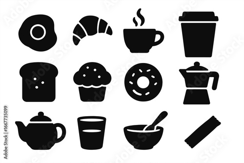 Food and beverage silhouette icon set. Breakfast and coffee essentials vector collection. Morning meal elements like egg, croissant, donut, muffin, toast and hot drinks.