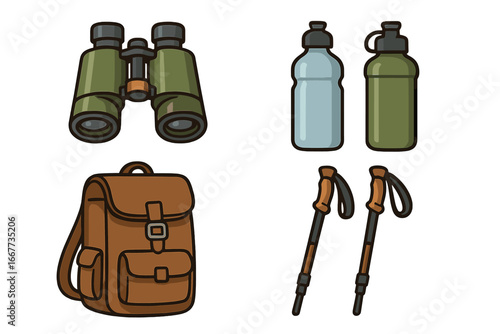 Collection of essential hiking and camping equipment icons. Vector illustration of backpack, binoculars, trekking poles, and water bottle for outdoor adventure and travel.
