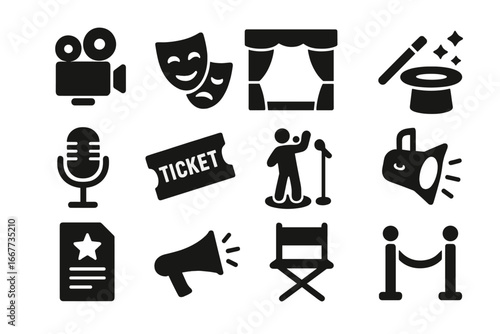 Theater and entertainment solid icon collection. Performance, show, and backstage vector glyphs. Includes camera, masks, stage, ticket, microphone, magic hat, and spotlight.