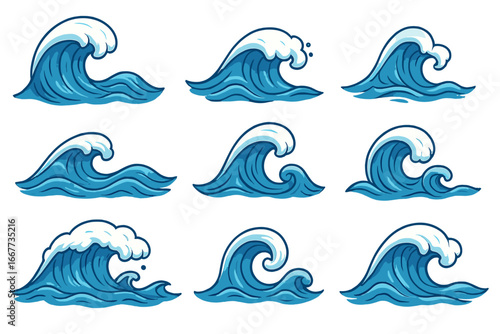 Set of ocean wave vector icons. Japanese cartoon style sea waves collection. Water splash, surf, and tidal storm surge symbols. Power and energy of nature concept design element.